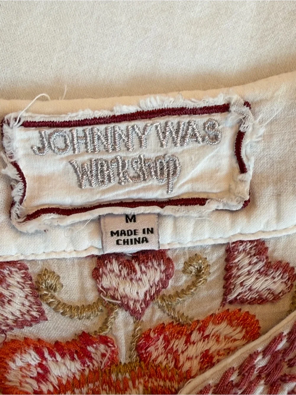 Johnny Was Embroidered V-Neck Bell Sleeve Top - White with Red Floral Sz Medium